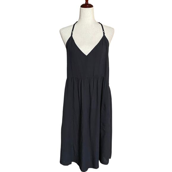 Prana Fernie Dress Womens M Black Open Back V Neck Pockets Boho Chic Witchy - Picture 1 of 16